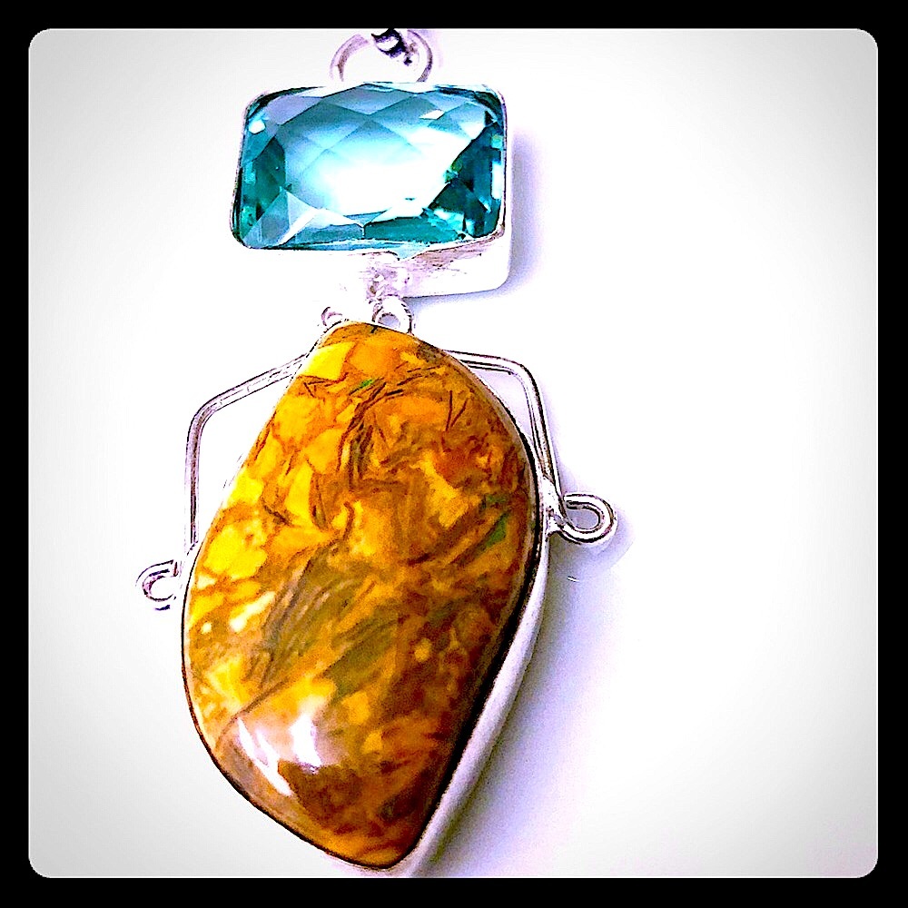 Brechiated Mookaite Jasper Pendant w/ aqua glass.